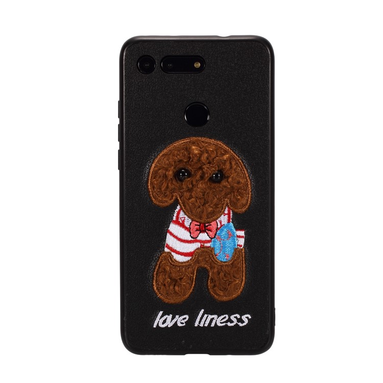 Embroidery Pattern PU Leather Coated TPU Protection Phone Shell for Huawei Honor View 20 / V20 (China) - Black / Brown Dog with Bow-knot-1