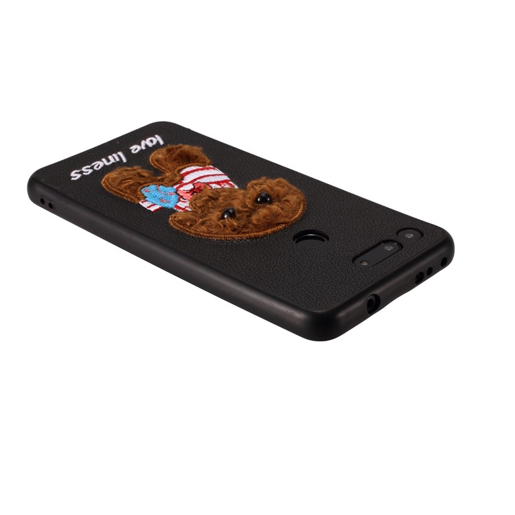 Embroidery Pattern PU Leather Coated TPU Protection Phone Shell for Huawei Honor View 20 / V20 (China) - Black / Brown Dog with Bow-knot-2