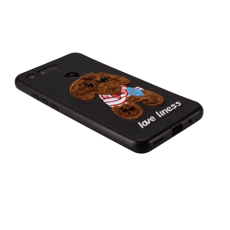 Embroidery Pattern PU Leather Coated TPU Protection Phone Shell for Huawei Honor View 20 / V20 (China) - Black / Brown Dog with Bow-knot-3