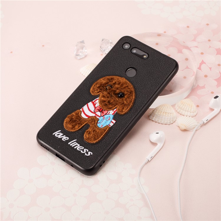Embroidery Pattern PU Leather Coated TPU Protection Phone Shell for Huawei Honor View 20 / V20 (China) - Black / Brown Dog with Bow-knot-4