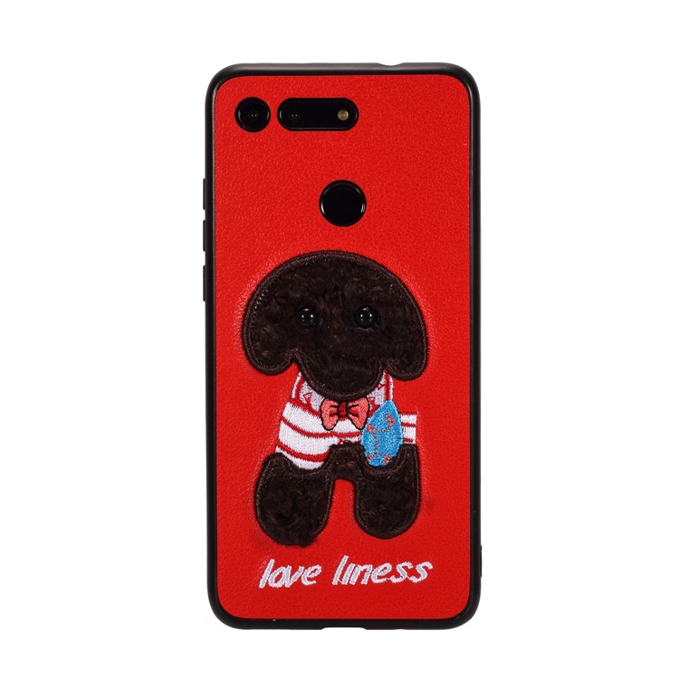 Embroidery Pattern PU Leather Coated TPU Protection Phone Shell for Huawei Honor View 20 / V20 (China) - Red / Black Dog with Bow-knot-1