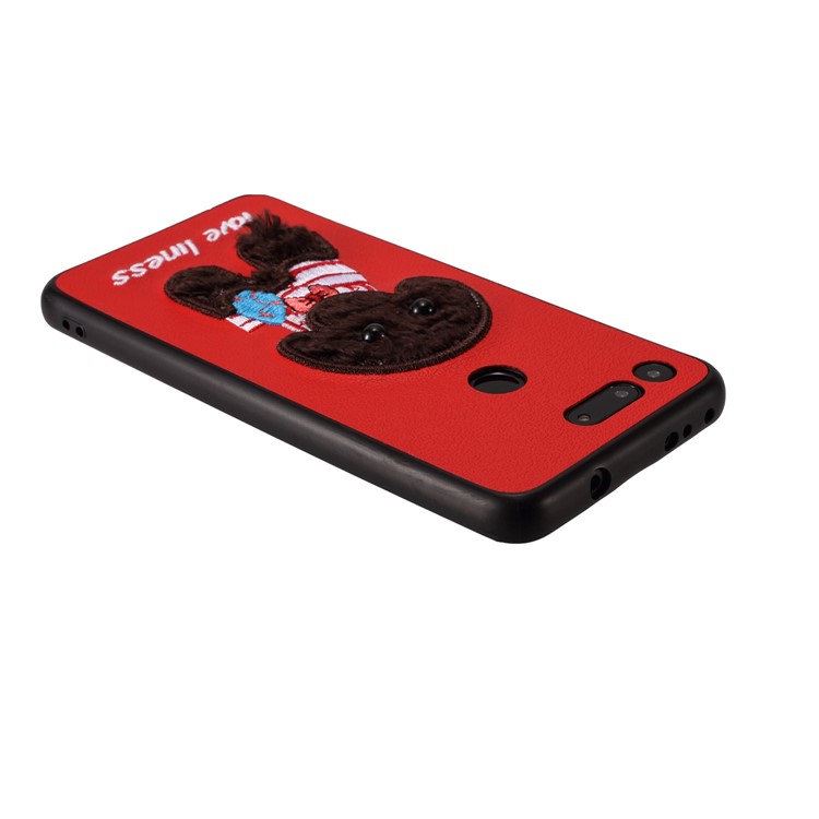 Embroidery Pattern PU Leather Coated TPU Protection Phone Shell for Huawei Honor View 20 / V20 (China) - Red / Black Dog with Bow-knot-2