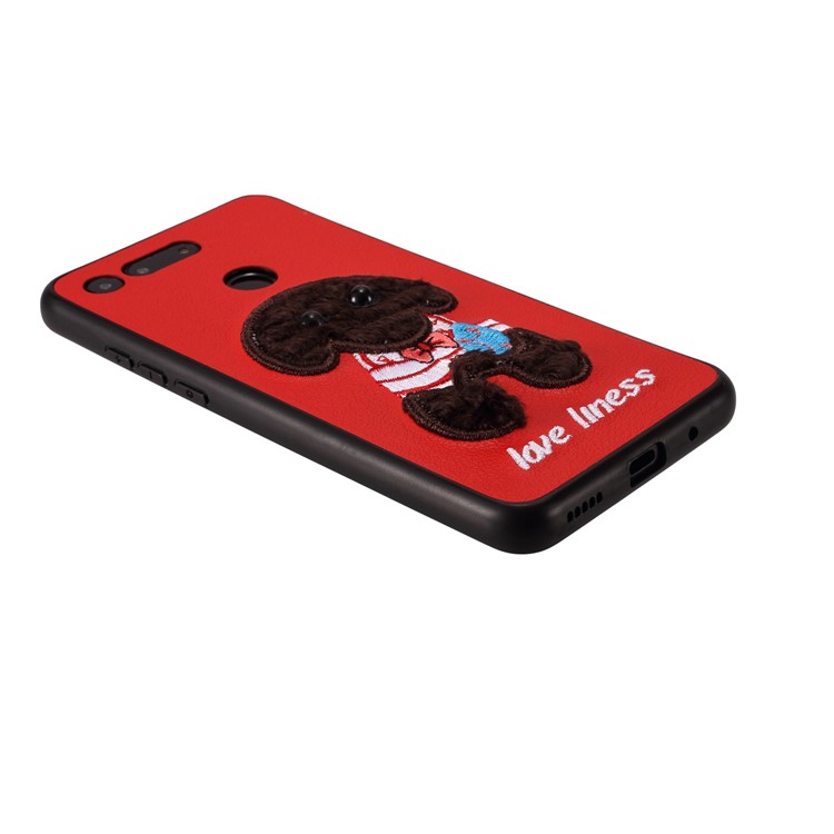 Embroidery Pattern PU Leather Coated TPU Protection Phone Shell for Huawei Honor View 20 / V20 (China) - Red / Black Dog with Bow-knot-3