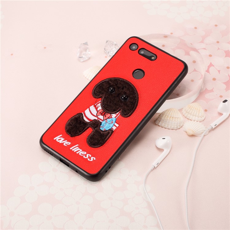 Embroidery Pattern PU Leather Coated TPU Protection Phone Shell for Huawei Honor View 20 / V20 (China) - Red / Black Dog with Bow-knot-4