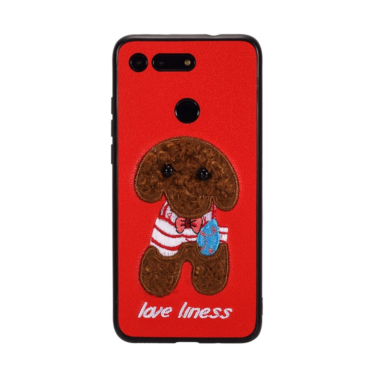Embroidery Pattern PU Leather Coated TPU Protection Phone Shell for Huawei Honor View 20 / V20 (China) - Red / Brown Dog with Bow-knot-1