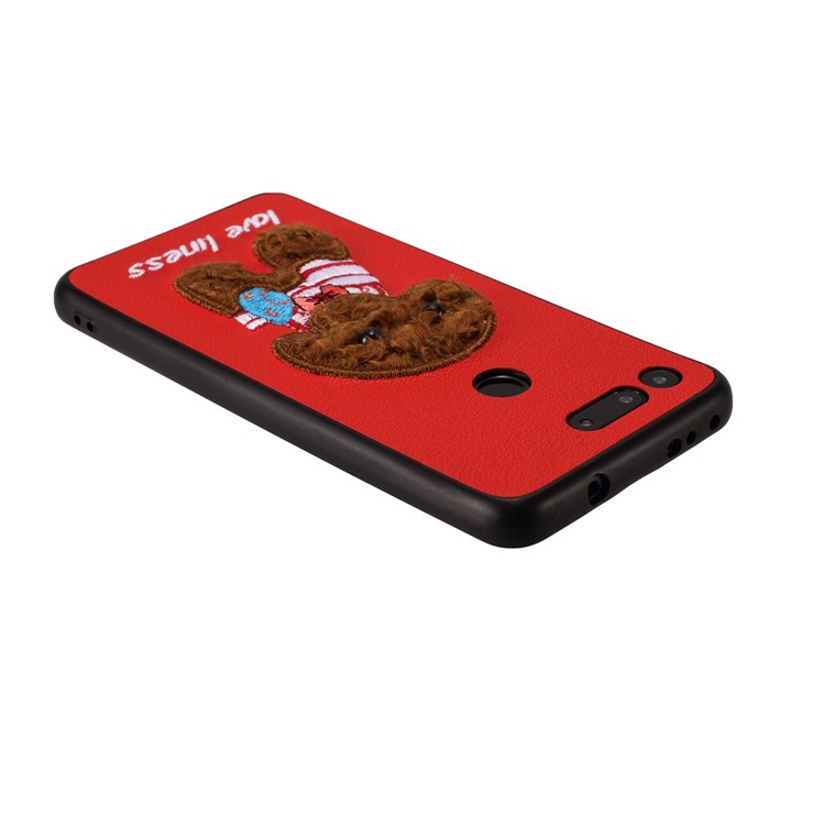 Embroidery Pattern PU Leather Coated TPU Protection Phone Shell for Huawei Honor View 20 / V20 (China) - Red / Brown Dog with Bow-knot-2