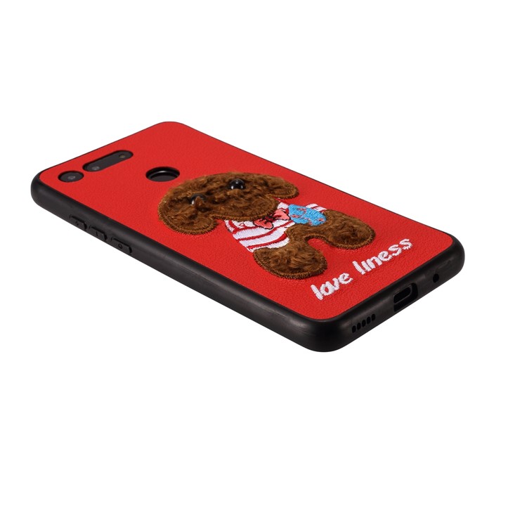 Embroidery Pattern PU Leather Coated TPU Protection Phone Shell for Huawei Honor View 20 / V20 (China) - Red / Brown Dog with Bow-knot-3