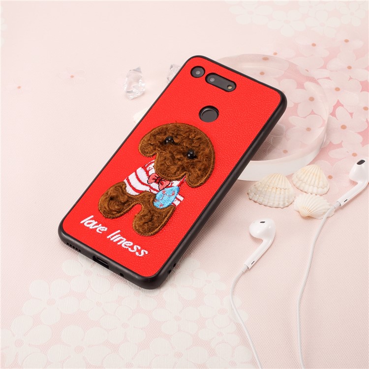 Embroidery Pattern PU Leather Coated TPU Protection Phone Shell for Huawei Honor View 20 / V20 (China) - Red / Brown Dog with Bow-knot-4