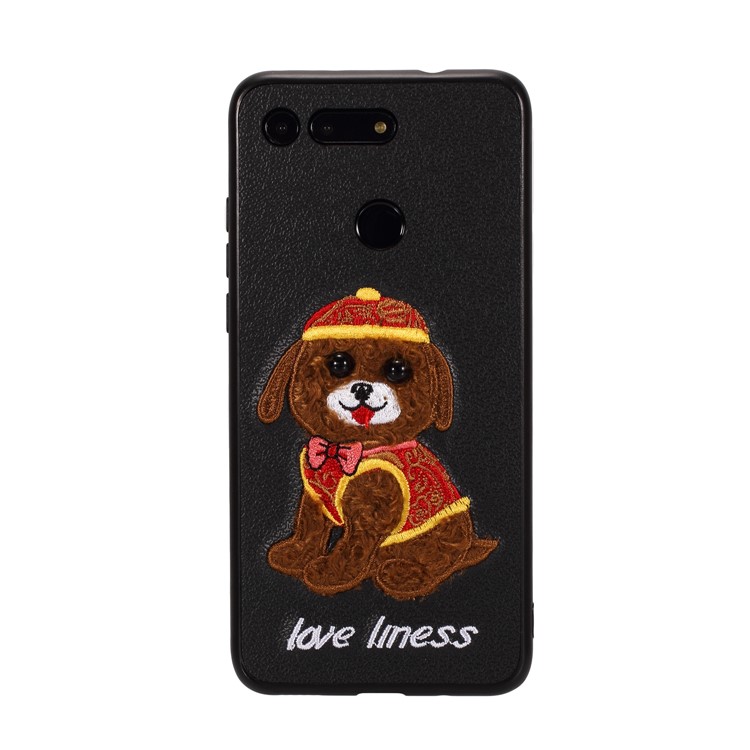 Embroidery Pattern PU Leather Coated TPU Protection Phone Shell for Huawei Honor View 20 / V20 (China) - Black / Dog Wearing Hat-1
