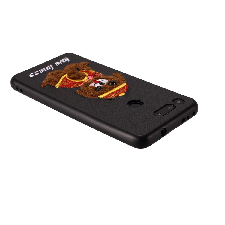 Embroidery Pattern PU Leather Coated TPU Protection Phone Shell for Huawei Honor View 20 / V20 (China) - Black / Dog Wearing Hat-2