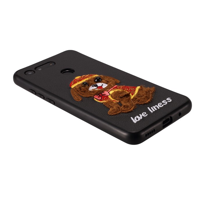 Embroidery Pattern PU Leather Coated TPU Protection Phone Shell for Huawei Honor View 20 / V20 (China) - Black / Dog Wearing Hat-3