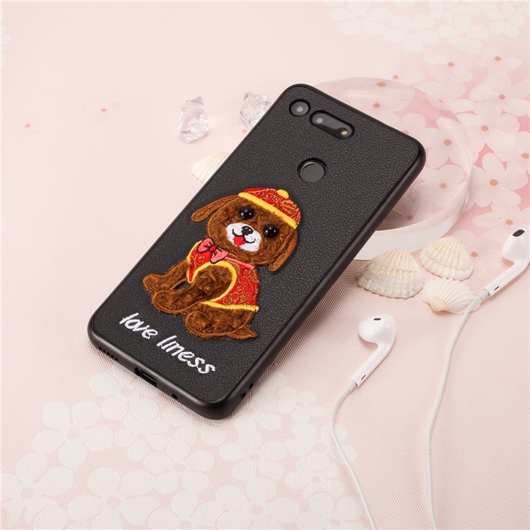 Embroidery Pattern PU Leather Coated TPU Protection Phone Shell for Huawei Honor View 20 / V20 (China) - Black / Dog Wearing Hat-4