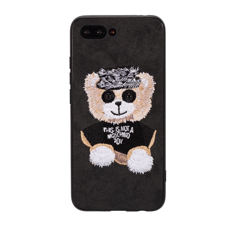 Embroidery Pattern PU Leather Coated TPU Protection Phone Shell for Huawei Honor 10 - Black / Bear Pattern-1