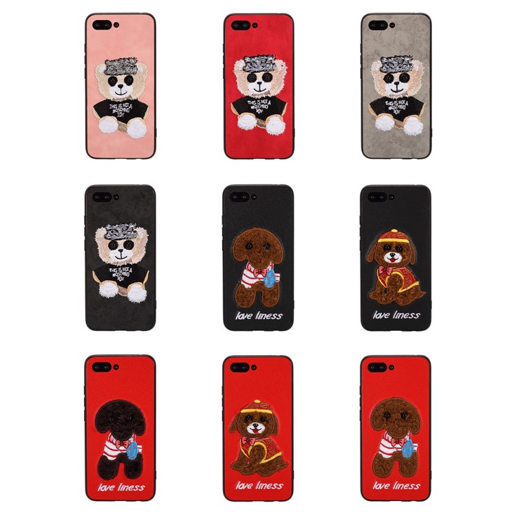 Embroidery Pattern PU Leather Coated TPU Protection Phone Shell for Huawei Honor 10 - Black / Bear Pattern-6