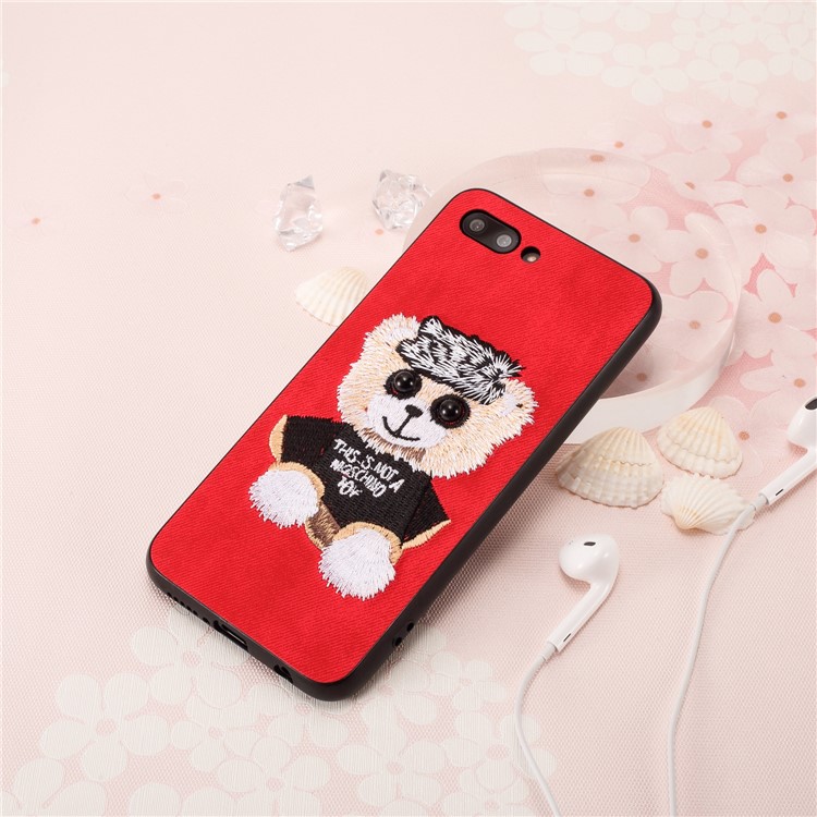 Embroidery Pattern PU Leather Coated TPU Protection Phone Shell for Huawei Honor 10 - Red / Bear Pattern-4
