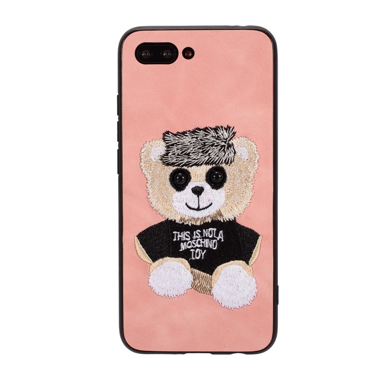 Embroidery Pattern PU Leather Coated TPU Protection Phone Shell for Huawei Honor 10 - Pink / Bear Pattern-1