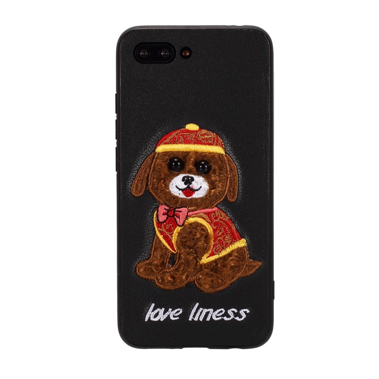 Embroidery Pattern PU Leather Coated TPU Protection Phone Shell for Huawei Honor 10 - Black / Dog Wearing Hat-1