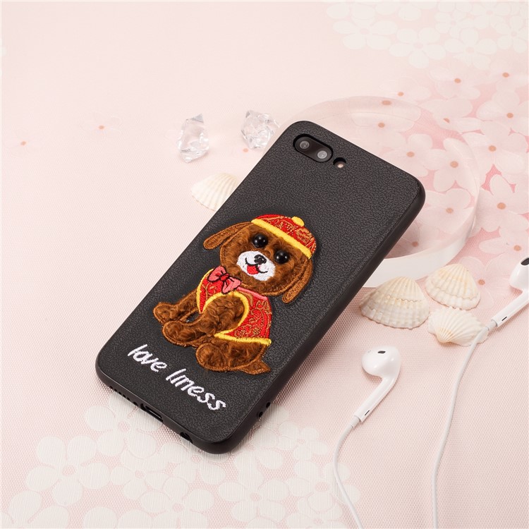 Embroidery Pattern PU Leather Coated TPU Protection Phone Shell for Huawei Honor 10 - Black / Dog Wearing Hat-4