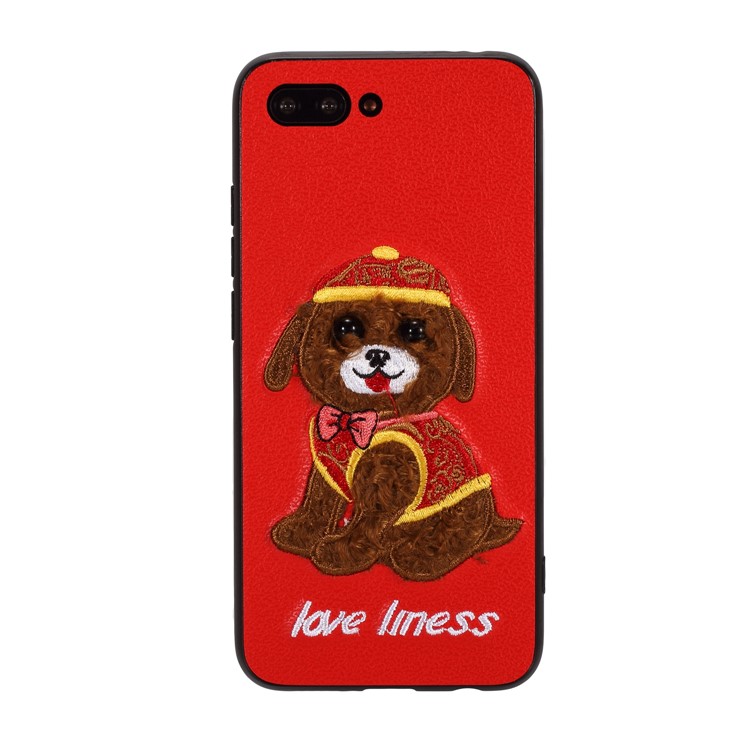 Embroidery Pattern PU Leather Coated TPU Protection Phone Shell for Huawei Honor 10 - Red / Dog Wearing Hat-1