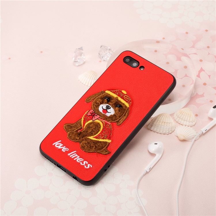 Embroidery Pattern PU Leather Coated TPU Protection Phone Shell for Huawei Honor 10 - Red / Dog Wearing Hat-4