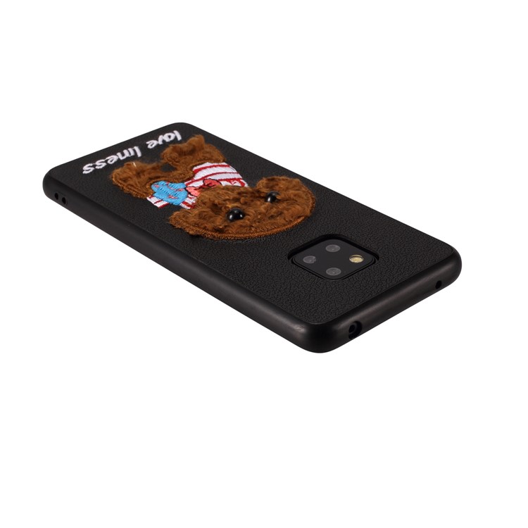 Embroidery Pattern PU Leather Coated TPU Protection Phone Shell for Huawei Mate 20 Pro - Black / Brown Dog with Bow-knot-2