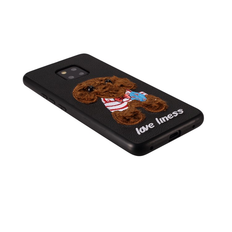 Embroidery Pattern PU Leather Coated TPU Protection Phone Shell for Huawei Mate 20 Pro - Black / Brown Dog with Bow-knot-3