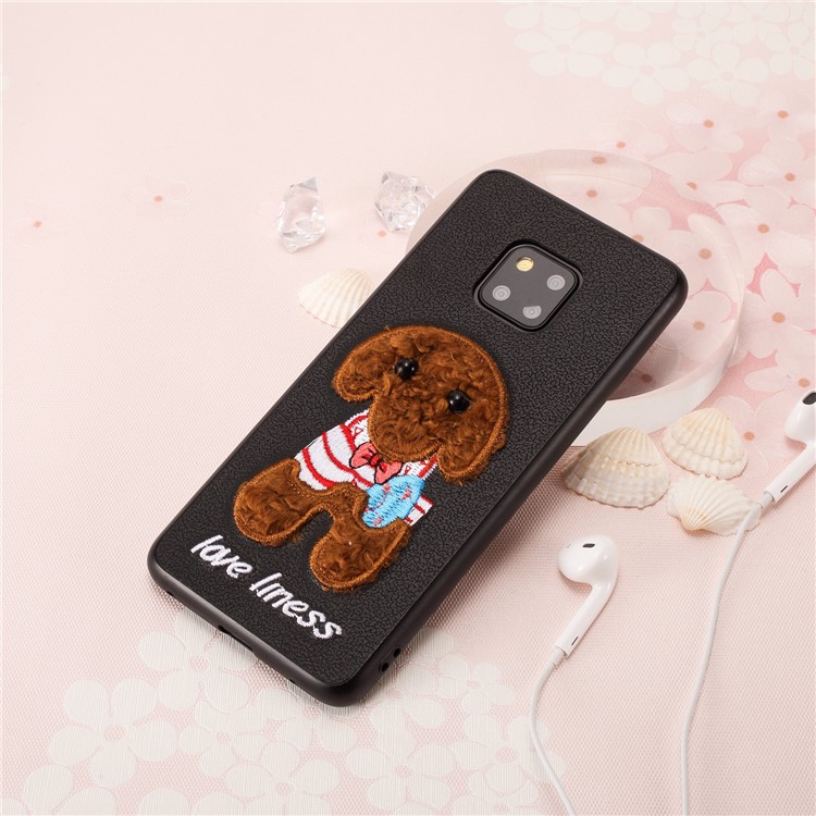 Embroidery Pattern PU Leather Coated TPU Protection Phone Shell for Huawei Mate 20 Pro - Black / Brown Dog with Bow-knot-5