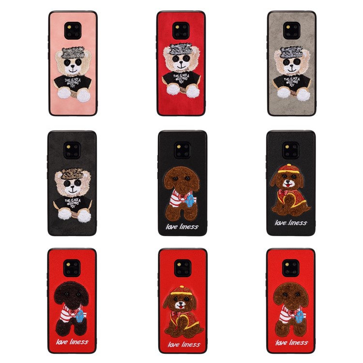 Embroidery Pattern PU Leather Coated TPU Protection Phone Shell for Huawei Mate 20 Pro - Black / Brown Dog with Bow-knot-6