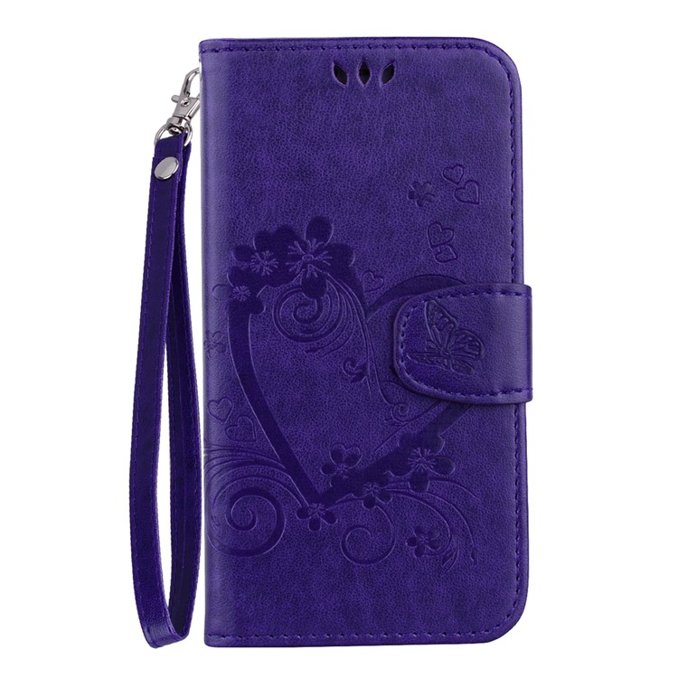 Imprint Heart Flower Leather Wallet Case with Strap for Huawei Mate 20 Lite - Purple-1