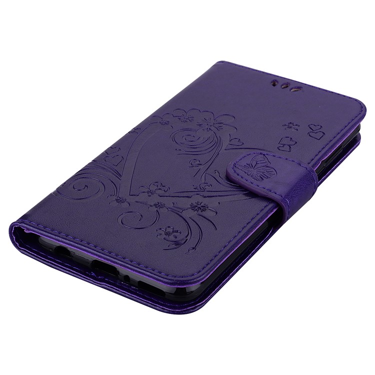 Imprint Heart Flower Leather Wallet Case with Strap for Huawei Mate 20 Lite - Purple-5