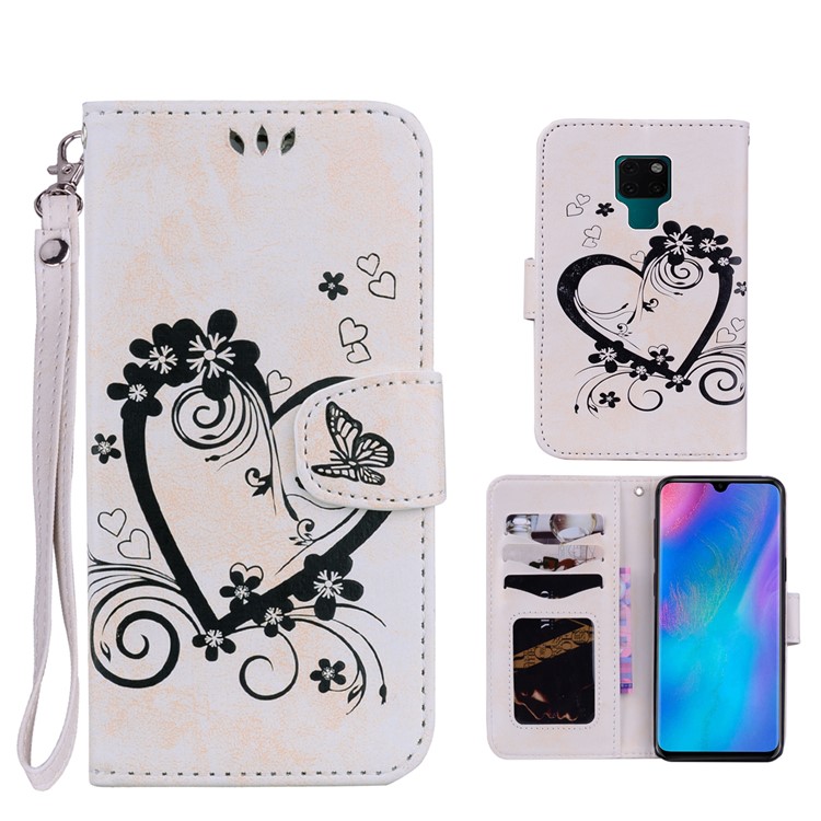 Imprinted Loving Heart Leather Case with Wallet Stand for Huawei Mate 20 - White-1