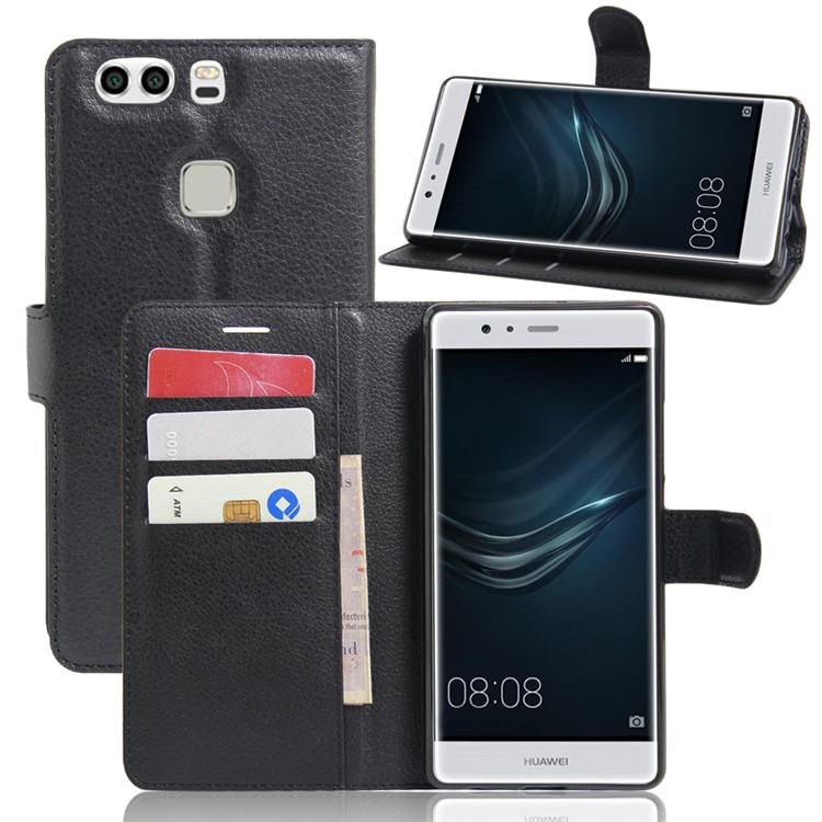 Litchi Skin Leather Wallet Case for Huawei P9 Plus - Black-6