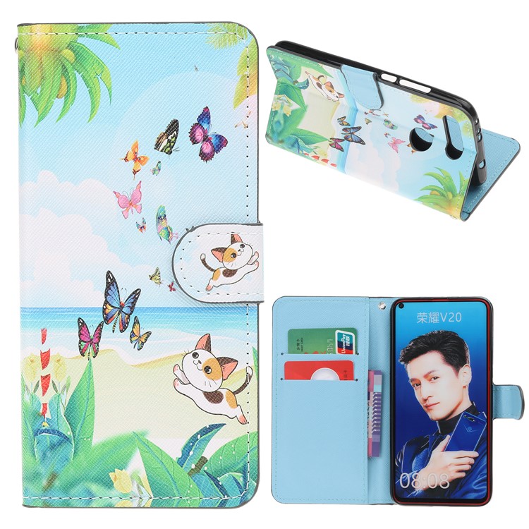 Impressão Padrão Carteira De Couro Para Huawei Honor Vista 20 / Honra V20 - Borboleta E Gato-1