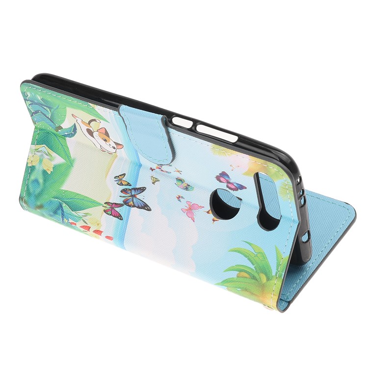 Impressão Padrão Carteira De Couro Para Huawei Honor Vista 20 / Honra V20 - Borboleta E Gato-4