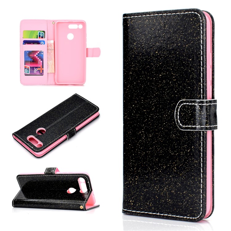 Flash Powder Wallet Stand PU Leather Phone Casing for Huawei Honor View 20/V20 - Black-1