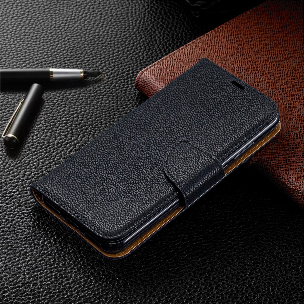 Litchi Skin Leather Cartet Case Para Huawei Y6 (2019, Com Sensor de Impressão Digital) / Y6 Prime (2019) - Preto