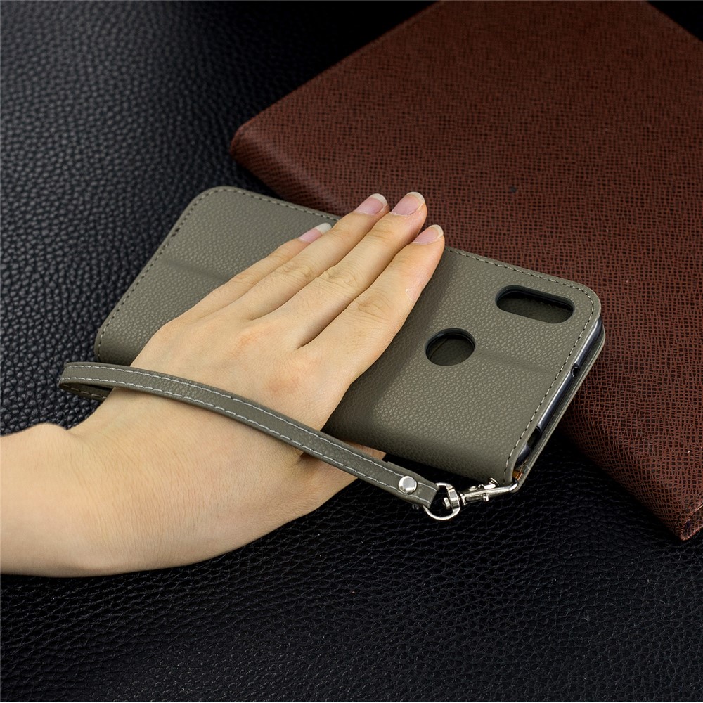 Carteira De Couro Lichia Pele Para Huawei Y6 (2019) - Cinzento-9