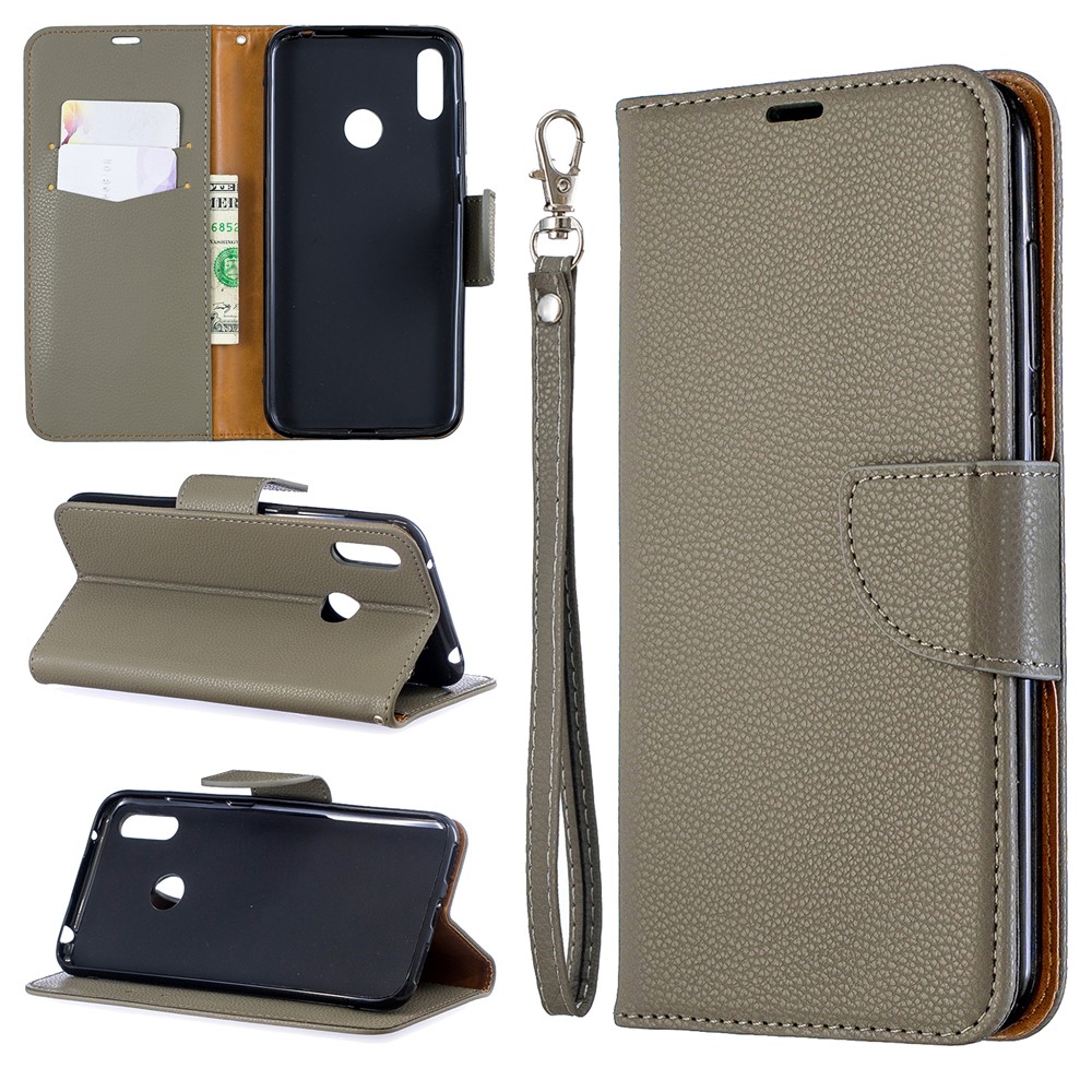 Litchi Skin PU Leather Stand Mobile Cover for Huawei Y7 (2019) / Y7 Prime (2019) - Grey-1
