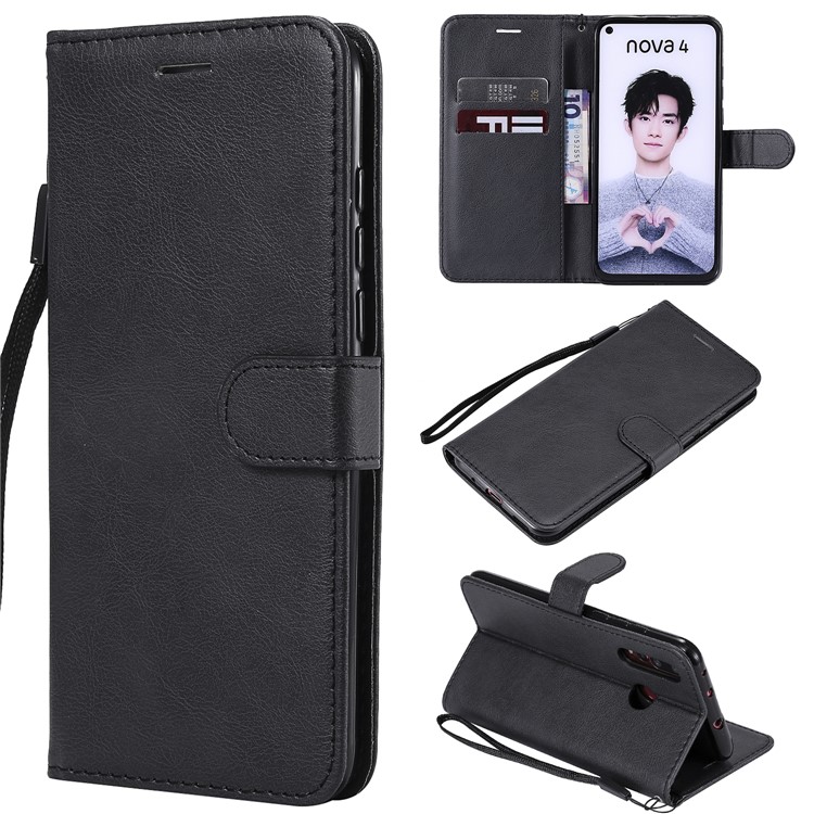 PU Leather Wallet Stand Protective Case with Strap for Huawei nova 4 - Black-1