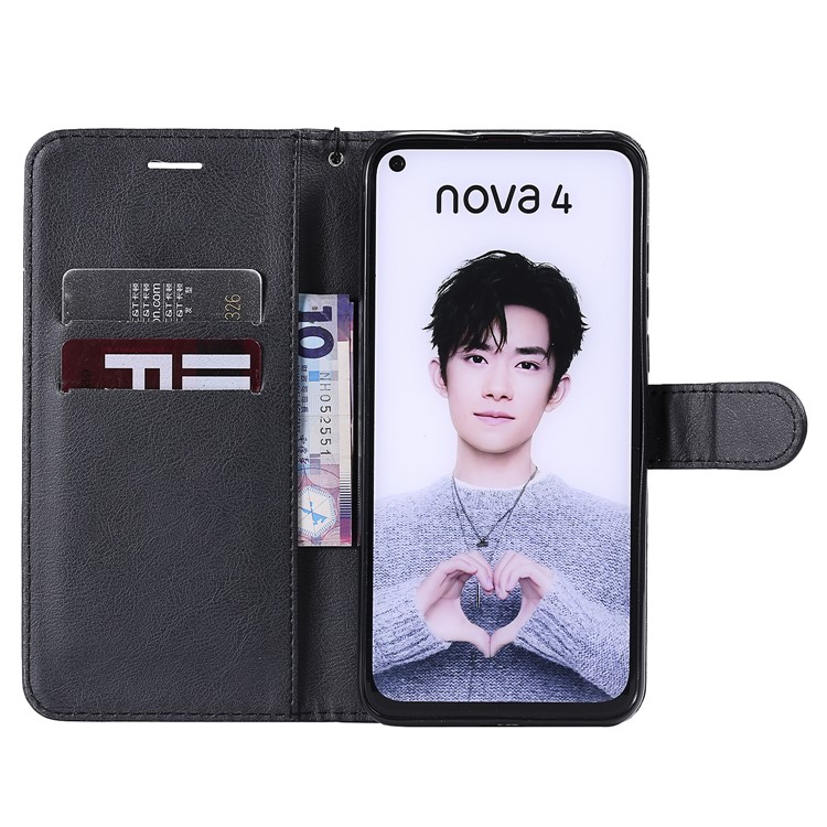 PU Leather Wallet Stand Protective Case with Strap for Huawei nova 4 - Black-4