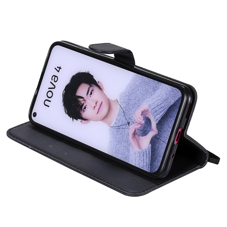 PU Leather Wallet Stand Protective Case with Strap for Huawei nova 4 - Black-8