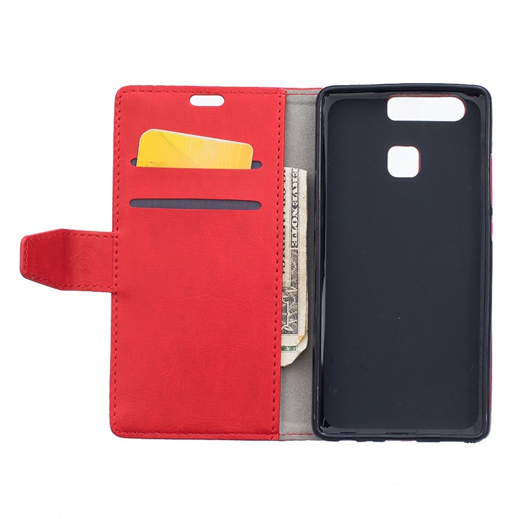 Crazy Horse Leather Wallet Cover Case for Huawei P9 - Red-7