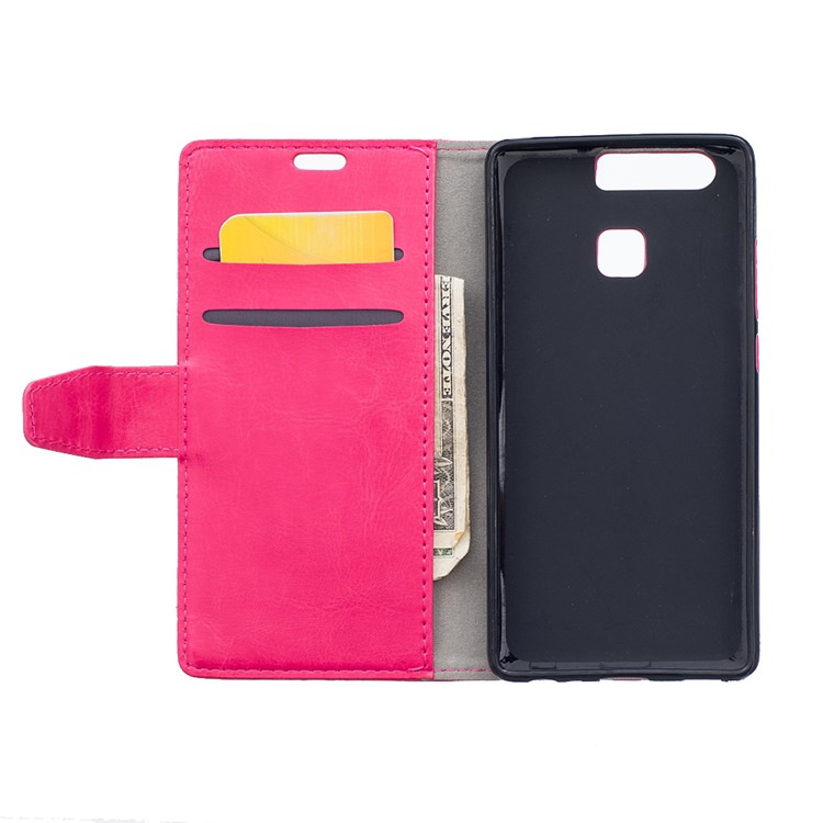 Crazy Horse Leather Wallet Case Cover for Huawei P9 - Rose-7