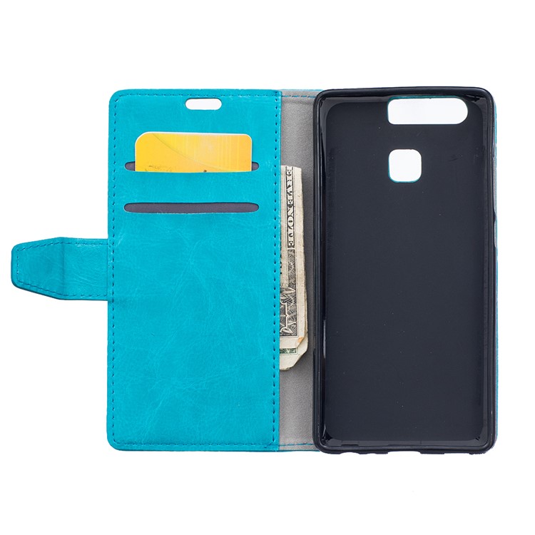 Crazy Horse PU Leather Wallet Case for Huawei P9 - Blue-3