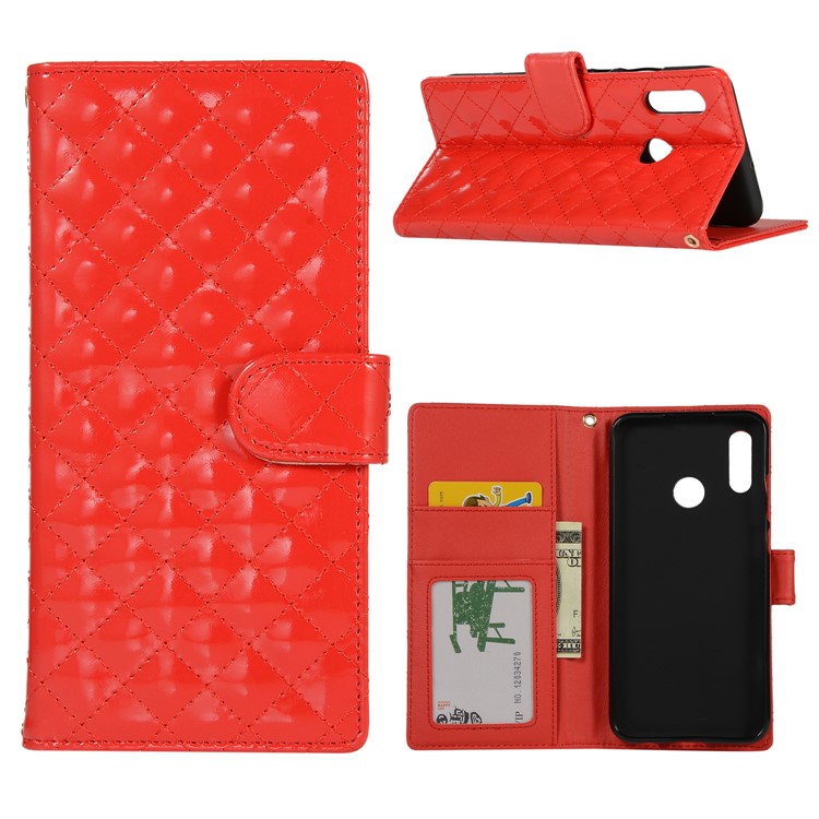 Glossy Stitching Grid Leather Wallet Case for Huawei Honor 10 Lite - Red-1