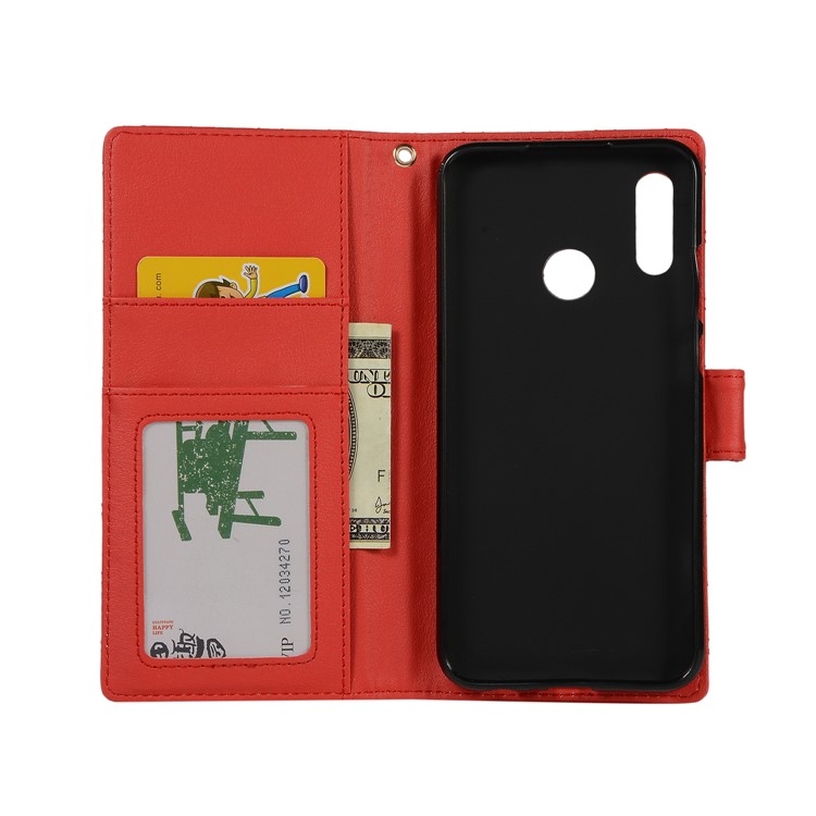 Glossy Stitching Grid Leather Wallet Case for Huawei Honor 10 Lite - Red-4