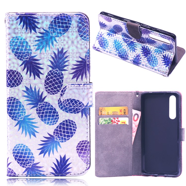 Laser Carving Pattern Printing Wallet Leather Case with Strap for Huawei P30 - Pineapple-1