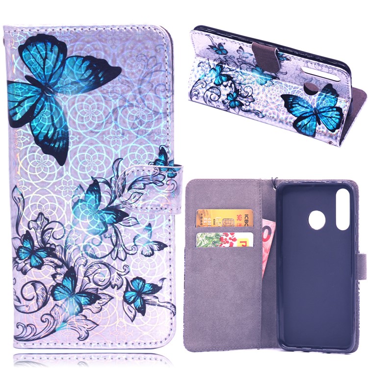 Laser Carving Pattern Printing Wallet Leather Case with Strap for Huawei P30 Lite / nova 4e - Blue Butterfly-1