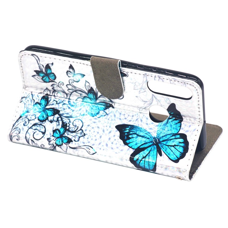 Laser Carving Pattern Printing Wallet Leather Case with Strap for Huawei P30 Lite / nova 4e - Blue Butterfly-7