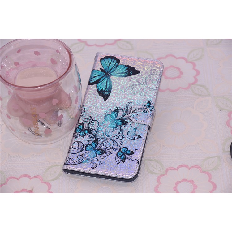 Laser Carving Pattern Printing Wallet Leather Case with Strap for Huawei P30 Lite / nova 4e - Blue Butterfly-8